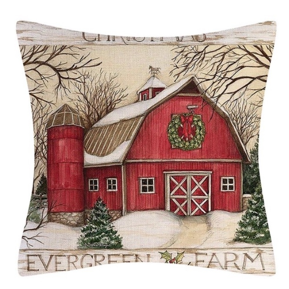 Holiday Pillow Cover Christmas Barn Country Neutral Linen Multicolor 18 X 18 in